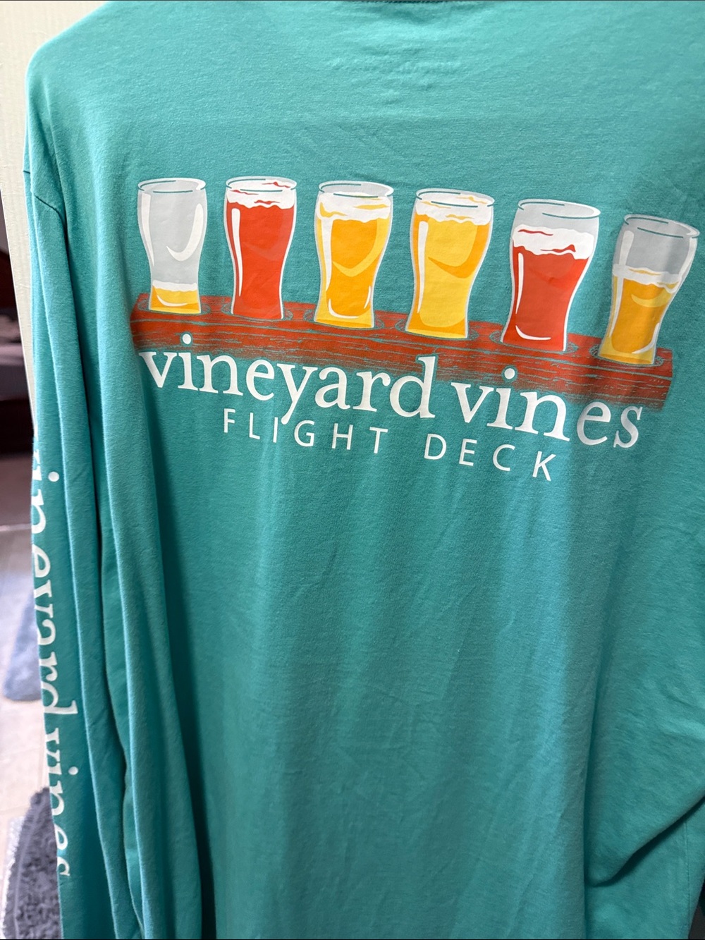 Vineyard Vines Teal Long Sleeve Pocket Tee with Beer Glass Patch - Picture 4 of 5